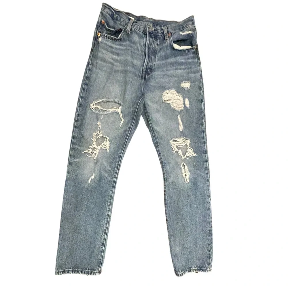 Levis Premium 501 Original Fit Distressed Jeans W28 L30 Blue Cotton Button Fly
